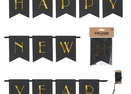 Schwarze Neujahrsgirlande: Happy New Year Banner, ca. 170cm – Festliche Partydeko TK Gruppe® Grosshandel 