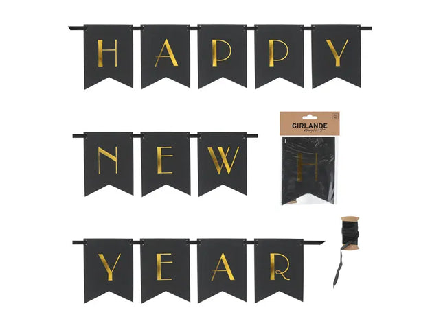 Schwarze Neujahrsgirlande: Happy New Year Banner, ca. 170cm – Festliche Partydeko TK Gruppe® Grosshandel 