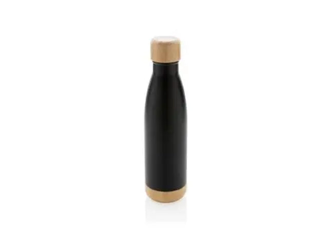 Schwarze Vakuum-Edelstahlflasche mit Bambusdeckel 500ml TK Gruppe® Grosshandel 