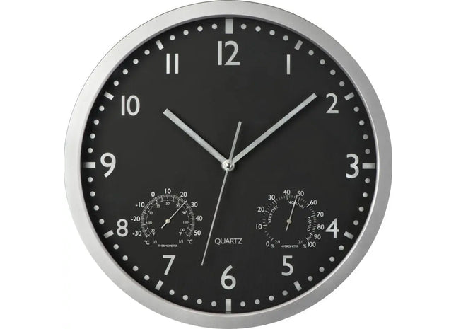 Schwarze Wanduhr mit Hygrometer und Thermometer - Präzises Klima- und Zeitmanagement TK Gruppe® Grosshandel 