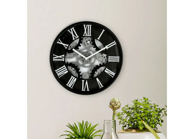 Schwarze Zahnrad-Wanduhr, 30cm Durchmesser – Moderner Industrie-Zeitmesser TK Gruppe® Grosshandel 