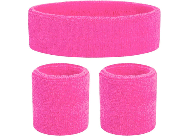 3 in 1 Schweißband pink Set mit Stirnband - als Accessoire Vokuhila Kostüm zu Retro neon 80er 90er Outfit Fasching & Karneval