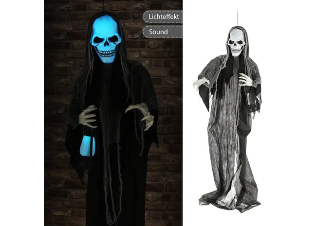 Sensenmann mit Laterne und Blauen LEDs, Lebensgroß 180cm, Grusel-Deko TK Gruppe® Grosshandel 