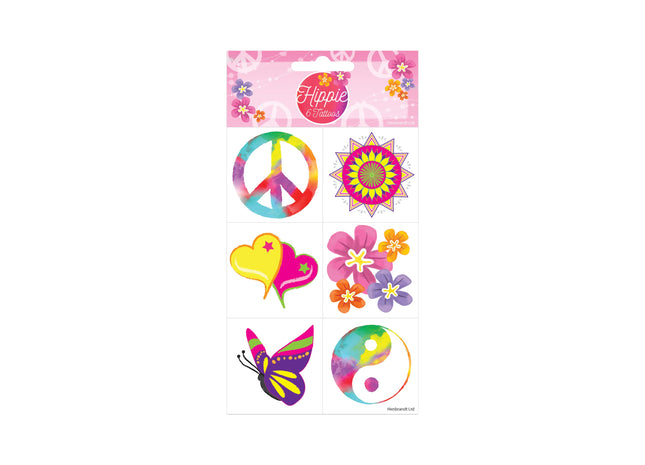 Hippie Tattoos 5x5cm, 6 Stück/Set - Bunte temporäre Tattoos, sortiertes Design TK Gruppe® Grosshandel 