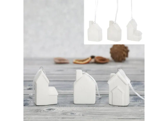 Set aus 3 weißen Haus-Hängern, Dekorativ, je ca. 7cm hoch TK Gruppe® Grosshandel 