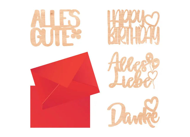 Set aus 4 Holz-Glückwunschkarten, 15x10 cm - Einzigartige, umweltfreundliche Karten TK Gruppe® Grosshandel 