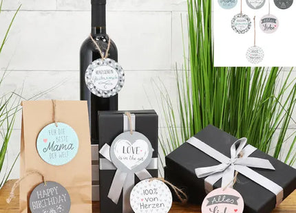 Set aus 6 Holzanhängern mit Sprüchen, Durchmesser 7,5 cm - Dekorative Zitate TK Gruppe® Grosshandel 