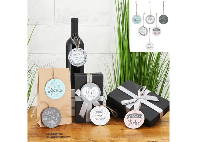 Set aus 6 Holzanhängern mit Sprüchen, Durchmesser 7,5 cm - Dekorative Zitate TK Gruppe® Grosshandel 