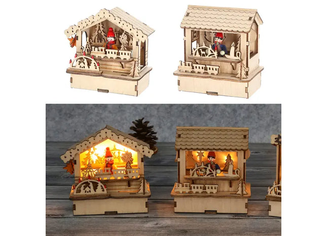 Set mit 2 LED-Holzhäusern, rustikaler Charme, ca. 10x11 cm, batteriebetrieben, warmes Licht TK Gruppe® Grosshandel 