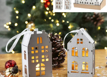 Set von 2 LED Holz Häusern im Display | Weiße Leuchtdeko | 6x11,5cm Rustikale Dekoration für Zuhause TK Gruppe® Grosshandel 