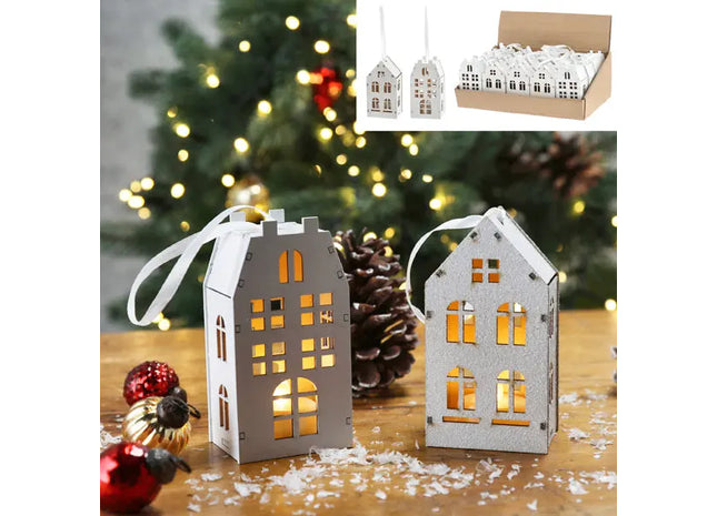 Set von 2 LED Holz Häusern im Display | Weiße Leuchtdeko | 6x11,5cm Rustikale Dekoration für Zuhause TK Gruppe® Grosshandel 