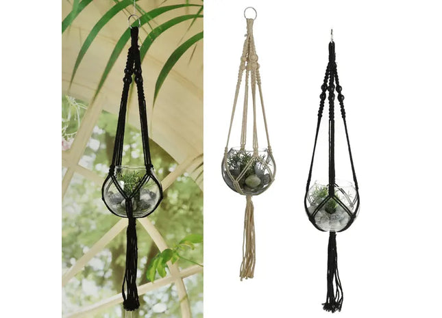 Set von 2 schwarzen Makramee Hängeampeln mit Kunstblumen | 60cm Lang | Dekorative Hängepflanzgefäße TK Gruppe® Grosshandel 