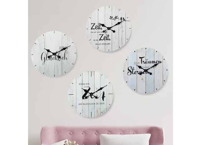Set von 4 Wanduhren mit inspirierenden Sprüchen, Durchmesser 60 cm - Motivierendes Design TK Gruppe® Grosshandel 