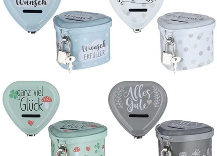 Sichere Spardose Herzform mit Schloss - Sortiert 3 Designs - Charmante Geldbox TK Gruppe® Grosshandel 
