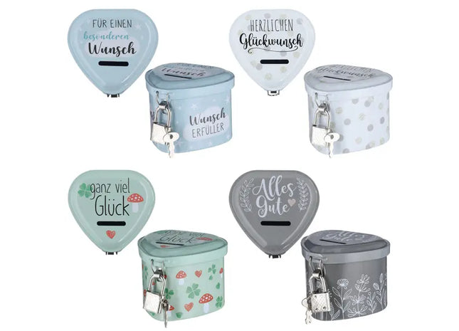 Sichere Spardose Herzform mit Schloss - Sortiert 3 Designs - Charmante Geldbox TK Gruppe® Grosshandel 