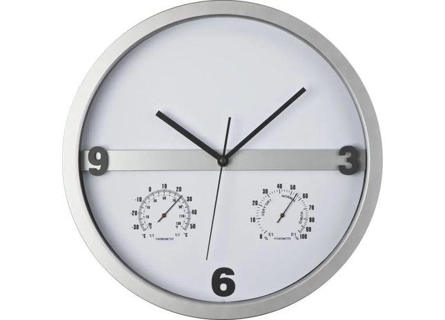 Silbergraue Wanduhr mit Hygrometer und Thermometer - Halbes Display bedruckbar TK Gruppe® Grosshandel 