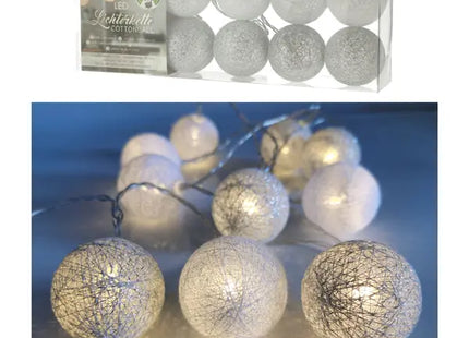 Weiß/Silberne Cottonball LED-Lichterkette, 10 LEDs, 300cm Lang, 6cm Durchmesser TK Gruppe® Grosshandel 