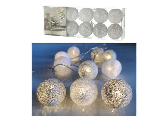 Weiß/Silberne Cottonball LED-Lichterkette, 10 LEDs, 300cm Lang, 6cm Durchmesser TK Gruppe® Grosshandel 