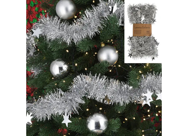 Silberne Lametta Girlande mit Sternen, ca. 6,5x200 cm – Festliche Dekoration TK Gruppe® Grosshandel 