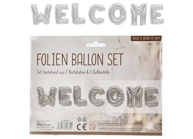Silberner Folienballon 'Welcome' – 8er Set, 40cm, für Empfänge TK Gruppe® Grosshandel 
