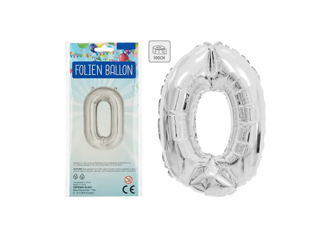 Silberner Zahlenballon 0 - Große 100 cm Metallfolie, Ideal für Jubiläumsfeiern TK Gruppe® Grosshandel 
