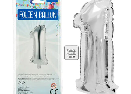 Silberner Zahlenballon 1 - Große 100 cm Spiegelfolie, Perfekt für Erste Feierlichkeiten TK Gruppe® Grosshandel 