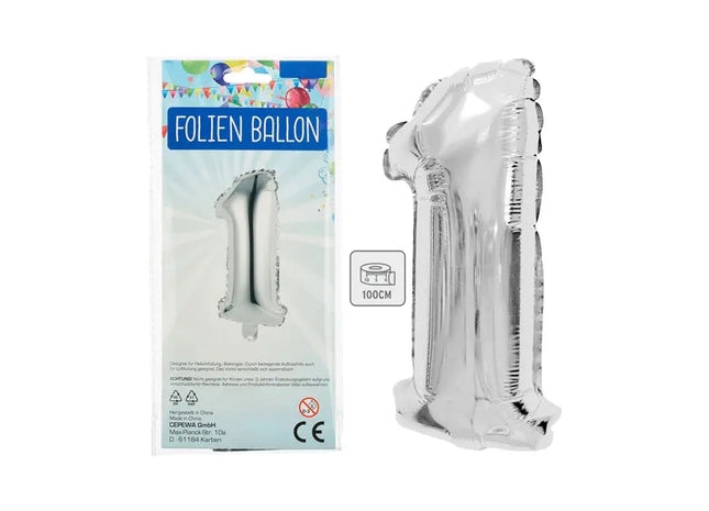 Silberner Zahlenballon 1 - Große 100 cm Spiegelfolie, Perfekt für Erste Feierlichkeiten TK Gruppe® Grosshandel 