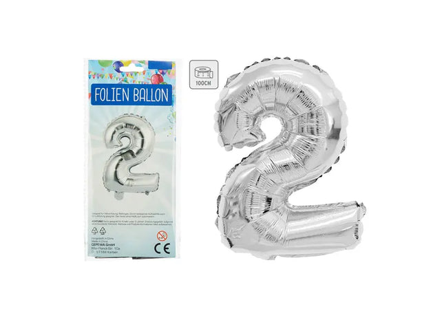 Silberner Zahlenballon 2 - Reflektierende Folie, 100 cm, Ideal für Elegante Feiern TK Gruppe® Grosshandel 