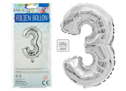 Silberner Zahlenballon 3 - Große 100 cm Spiegelfolie, Perfekt für Gedenkfeiern TK Gruppe® Grosshandel 