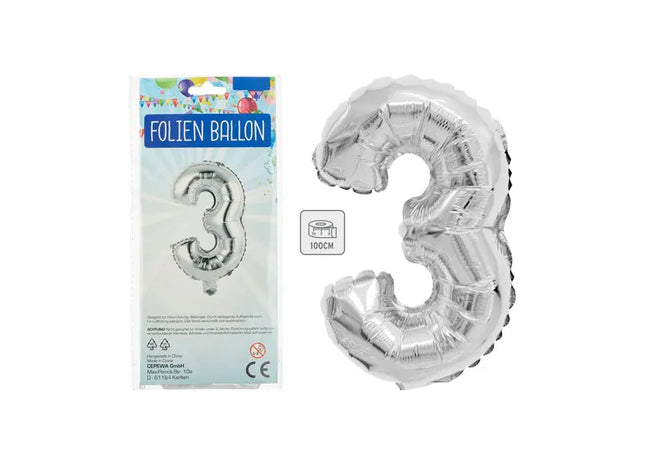 Silberner Zahlenballon 3 - Große 100 cm Spiegelfolie, Perfekt für Gedenkfeiern TK Gruppe® Grosshandel 