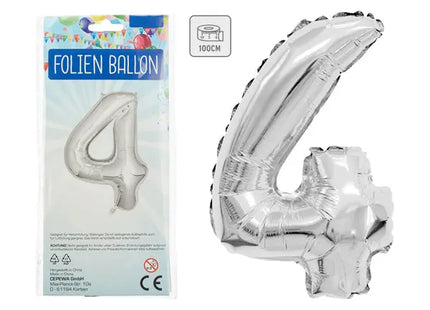 Silberner Zahlenballon 4 - Großformatige 100 cm Metallfolie, Ideal für Veranstaltungen TK Gruppe® Grosshandel 