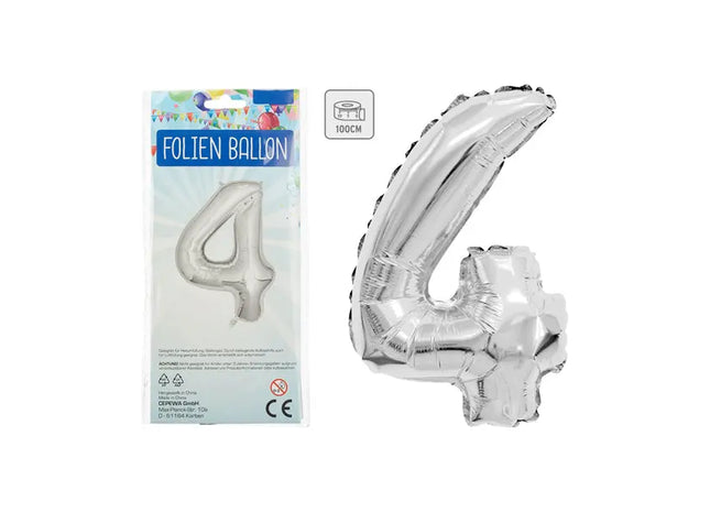 Silberner Zahlenballon 4 - Großformatige 100 cm Metallfolie, Ideal für Veranstaltungen TK Gruppe® Grosshandel 