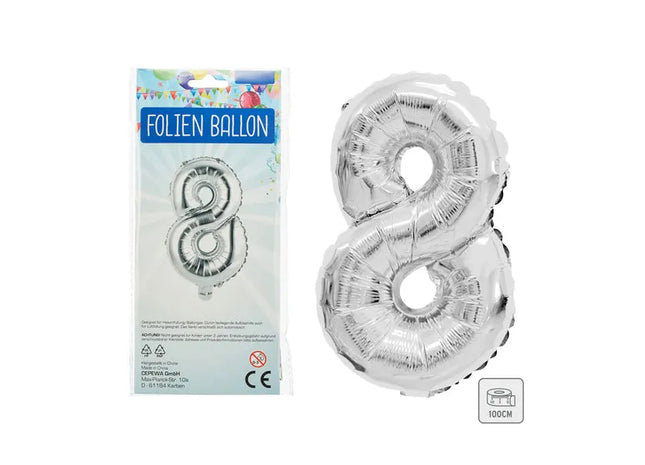 Silberner Zahlenballon 8 - Großformatige 100 cm Metallfolie, Ideal für Dekorationen TK Gruppe® Grosshandel 