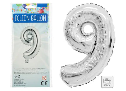 Silberner Zahlenballon 9 - Große 100 cm Metallfolie, Ideal für Feiern TK Gruppe® Grosshandel 