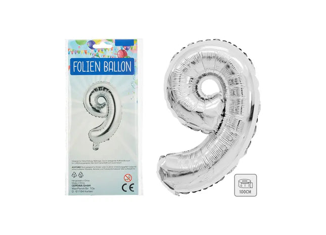 Silberner Zahlenballon 9 - Große 100 cm Metallfolie, Ideal für Feiern TK Gruppe® Grosshandel 