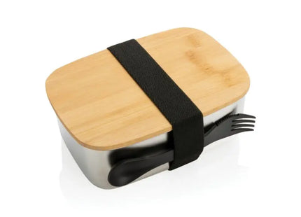 Silver Stainless Steel Lunchbox with Bamboo Lid & Spork - Durable, Eco-Friendly Meal Kit TK Gruppe® Grosshandel 