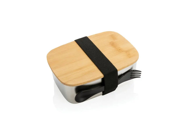 Silver Stainless Steel Lunchbox with Bamboo Lid & Spork - Durable, Eco-Friendly Meal Kit TK Gruppe® Grosshandel 