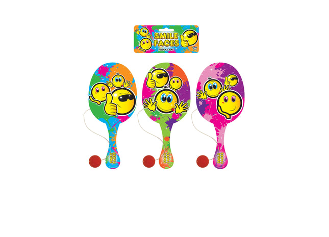 Smiley Paddleball-Schläger aus Holz, 22 cm, 3 Varianten – Kinder-Outdoor-Spielzeug TK Gruppe® Grosshandel 