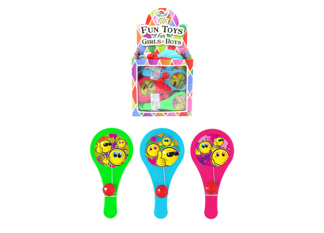 Smiley-Schläger und Ball-Set, 12 cm, 3 Designs, 3 Farben, Outdoor-Spielzeug für Kinder TK Gruppe® Grosshandel 