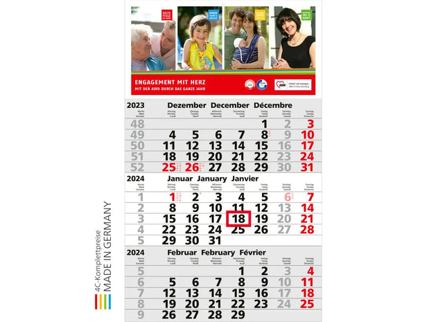 Solid 3 mit 4C-Druck - Hellgrau - Rot, Personalisierter hochwertiger Kalender TK Gruppe® Grosshandel 