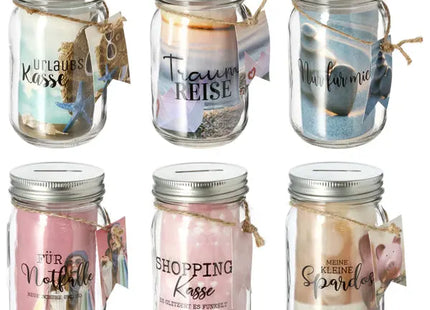 Spardose Glas Kasse & Reise, 6er-Set, ca. 13cm Höhe – Stilvoller Geldhalter | Kreative Spardosen TK Gruppe® Grosshandel 