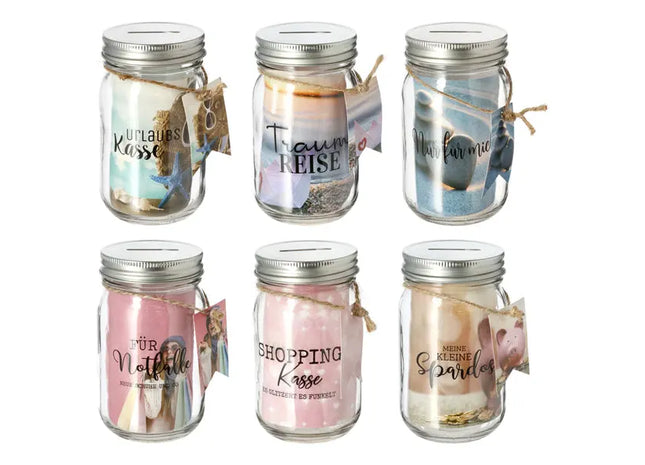 Spardose Glas Kasse & Reise, 6er-Set, ca. 13cm Höhe – Stilvoller Geldhalter | Kreative Spardosen TK Gruppe® Grosshandel 