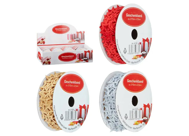 Sternen Geschenkband, 3er-Set, je ca. 270x2,5 cm, Festliche Verpackungsdekoration TK Gruppe® Grosshandel 