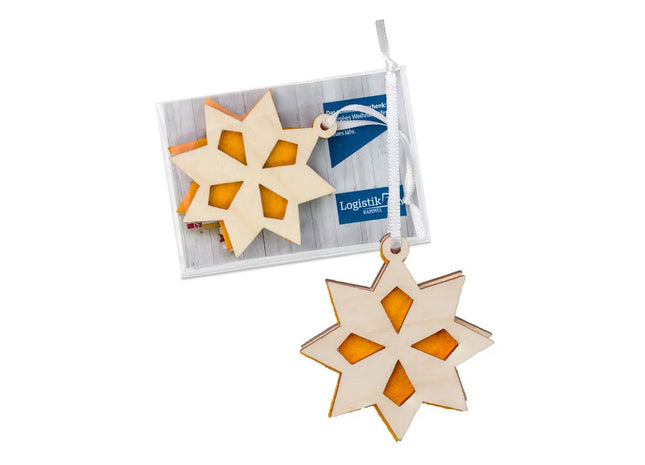 Sternförmiger Holz-Filz Anhänger in Geschenkbox - Werbeartikel TK Gruppe® Grosshandel 