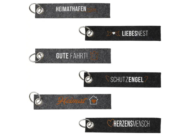 Stilvolle Filz-Schlüsselbänder mit Drucksprüchen – 6er Set, 2 Designs, ca. 18cm – Modische Accessoires TK Gruppe® Grosshandel 