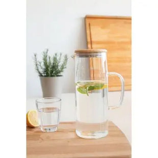 Stilvolle Glas-Karaffe BAMBOO PITCHER - Braune umweltfreundliche Wasserkaraffe mit Bambusdeckel TK Gruppe® Grosshandel 