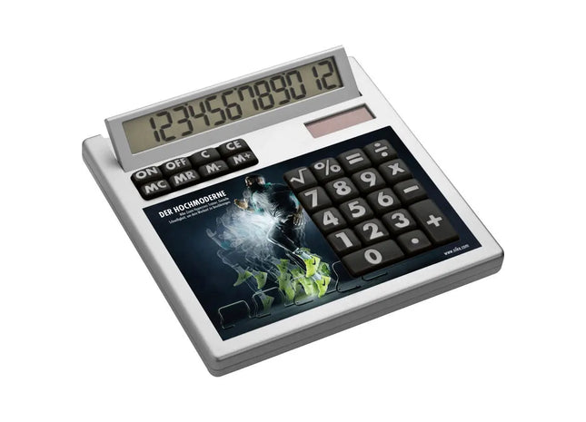 Stilvoller Tischrechner im Eigenen Design - 12-stelliger Kunststoff-Rechner in Weiß TK Gruppe® Grosshandel 