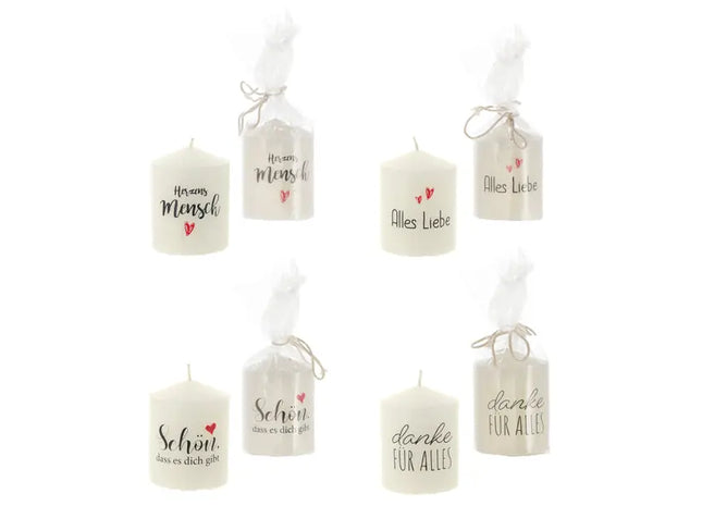 Stumpenkerzen mit Sprüchen, 6x8 cm, Sortiment 2, 4er-Set – Stilvoll & Inspirierend TK Gruppe® Grosshandel 
