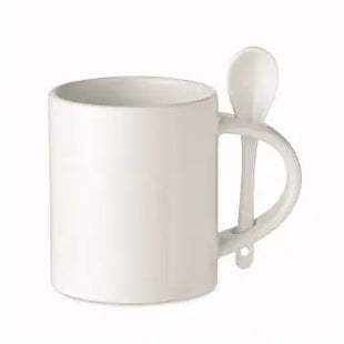 Subli-Becher Keramik 300 ml SUBLIM SPOON - Weiß, Hochwertiger Becher mit Löffel, Personalisierbar TK Gruppe® Grosshandel 