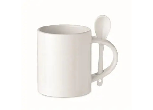 Subli-Becher Keramik 300 ml SUBLIM SPOON - Weiß, Hochwertiger Becher mit Löffel, Personalisierbar TK Gruppe® Grosshandel 